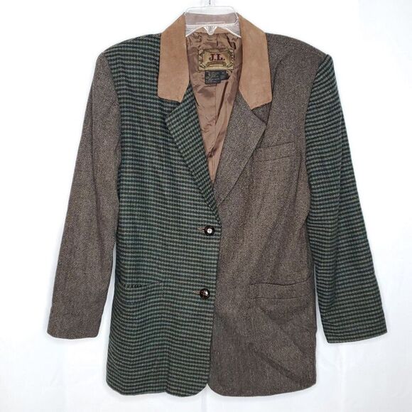 Womens Wool Blazer Jacket M Brown Green Leather Collar Plaid Western Preppy - Picture 1 of 7